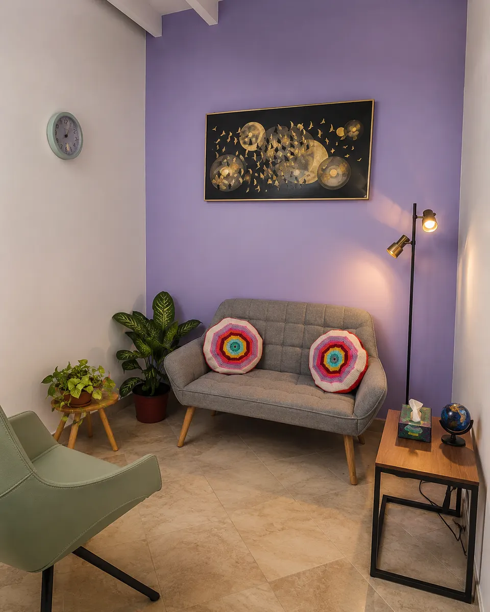 Sala de espera del consultorio: sofá gris con cojines de ganchillo de colores, pared lila con un cuadro, una planta y una lámpara de pie.